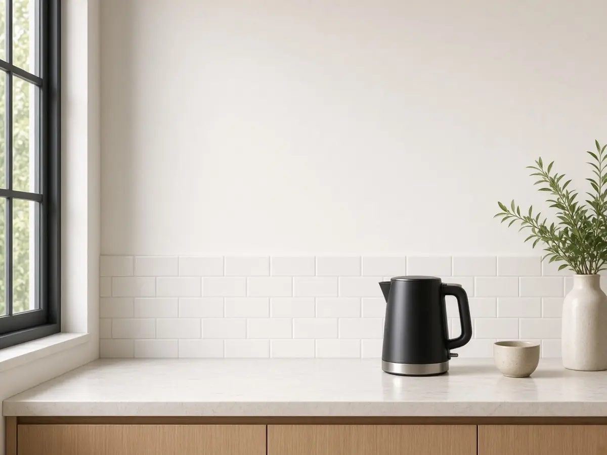 A kettle with open space above it, not tucked tight under a cabinet