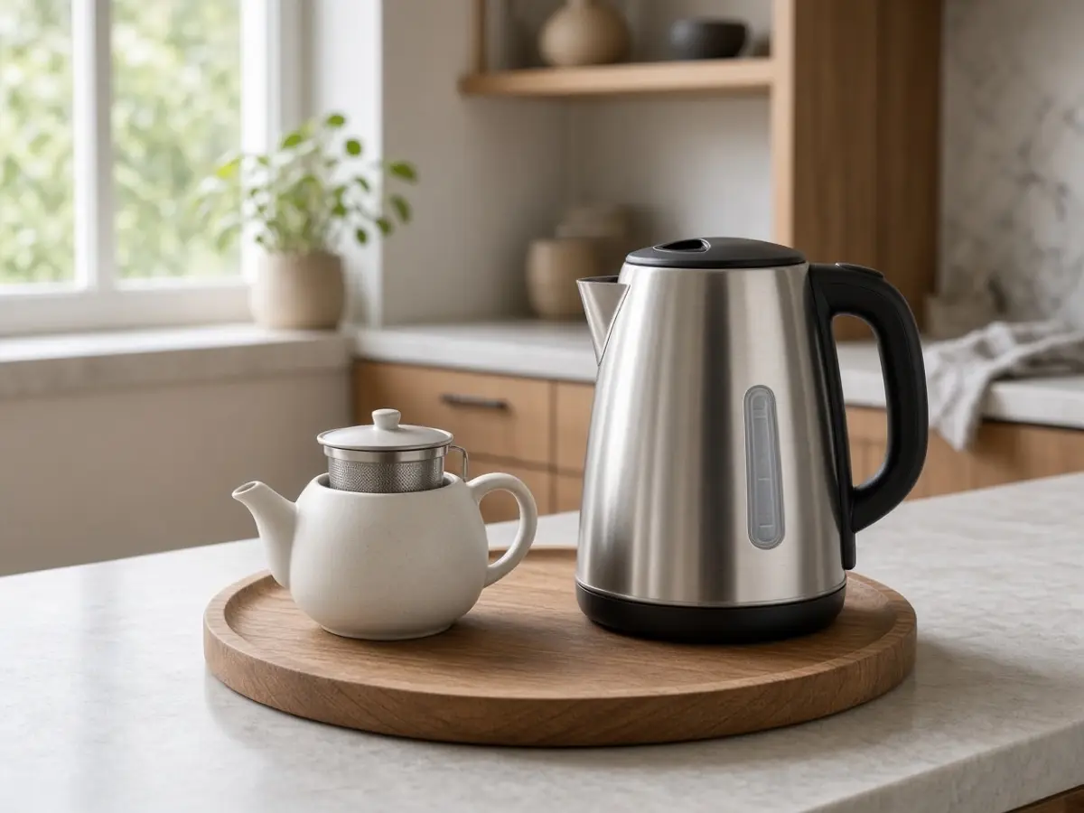 A small teapot with a lift-out basket next to a kettle