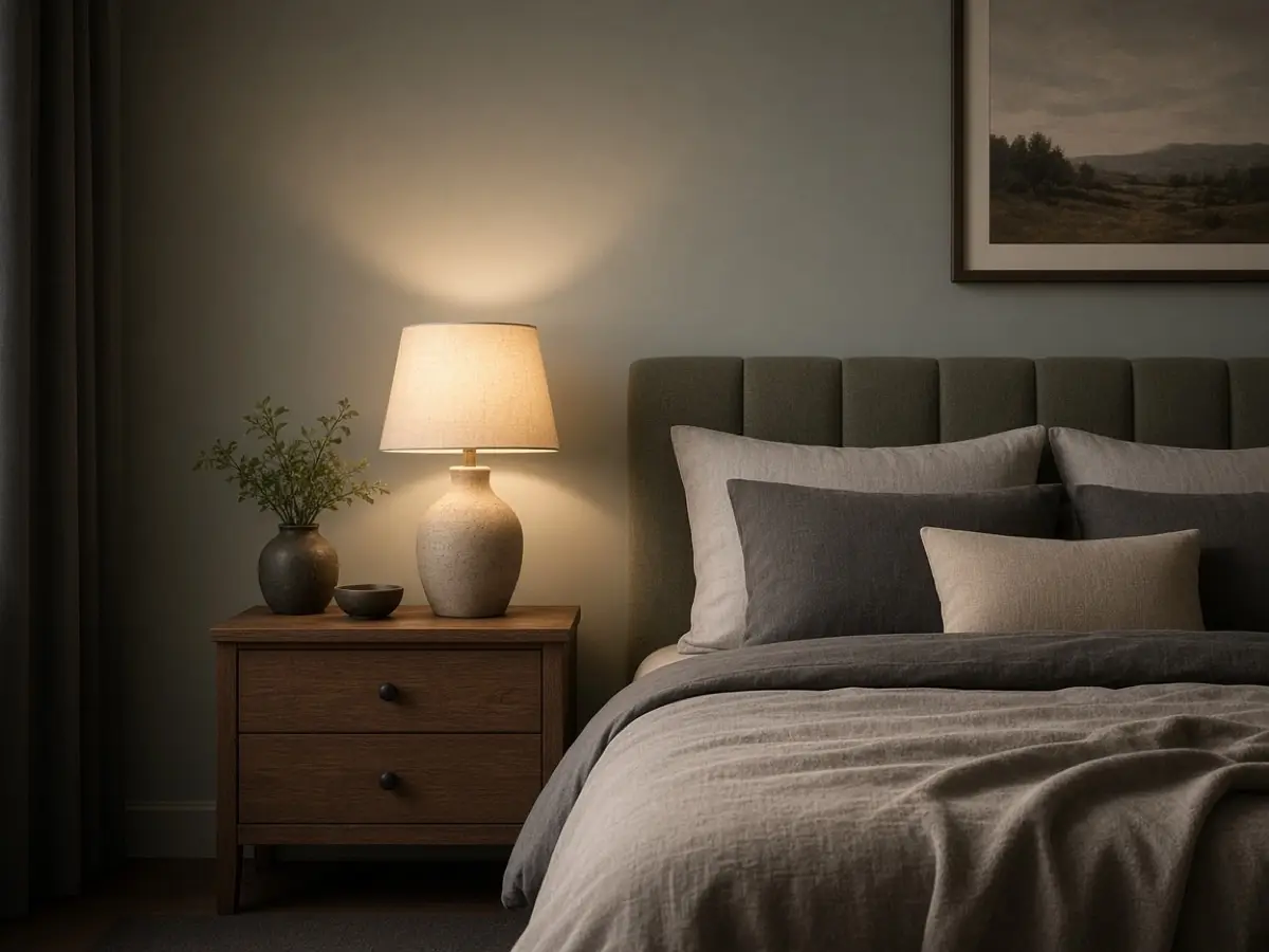 A duskier sage bedroom wall seen at night with a warm bedside lamp