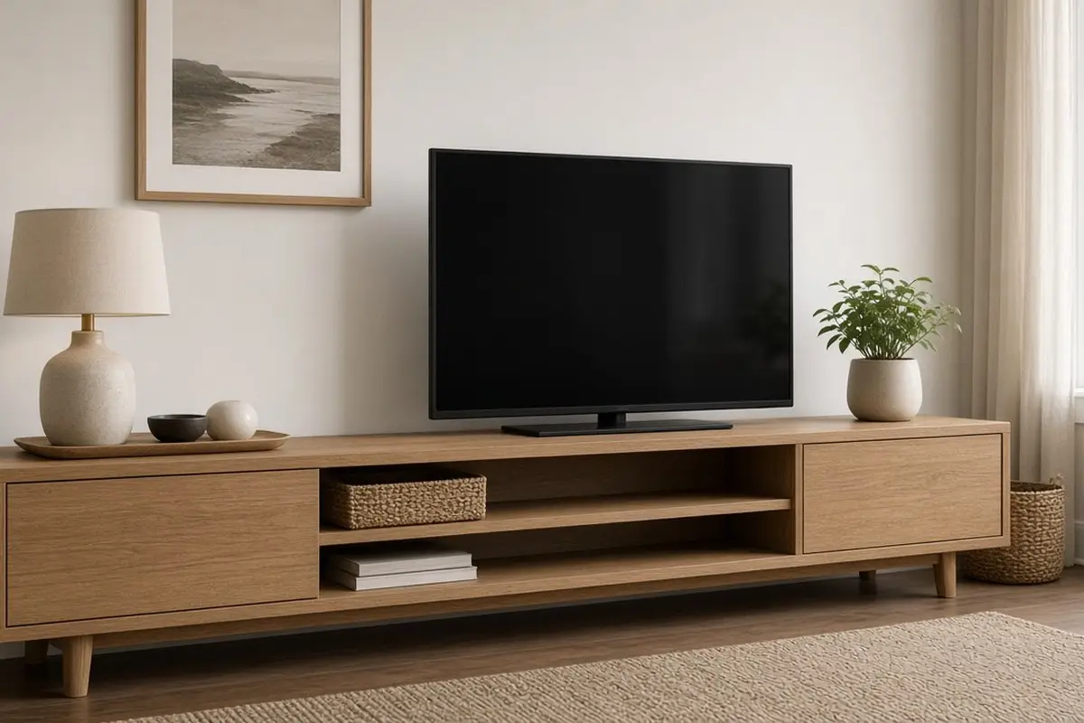 Lightly styled TV console with a lamp and a plant