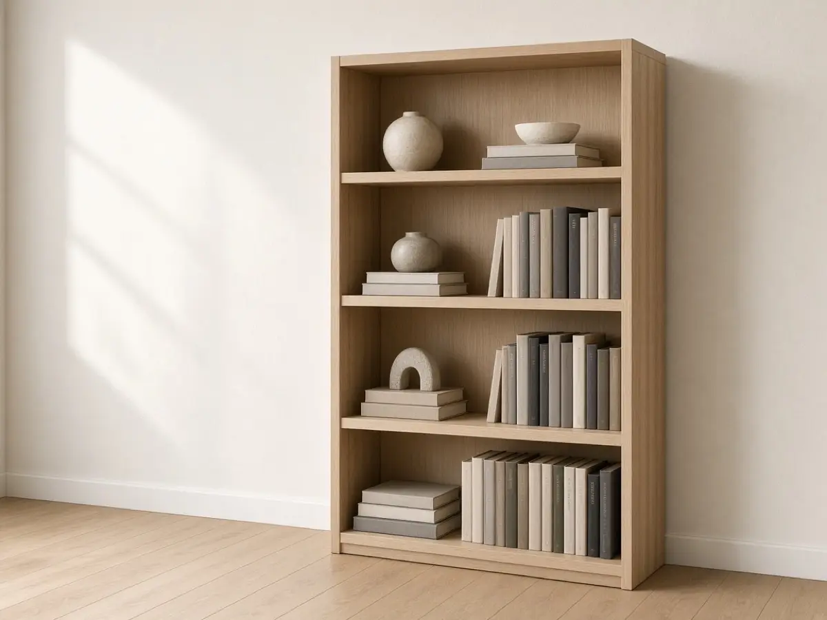 A tall shallow bookcase against a studio wall, floor left clear