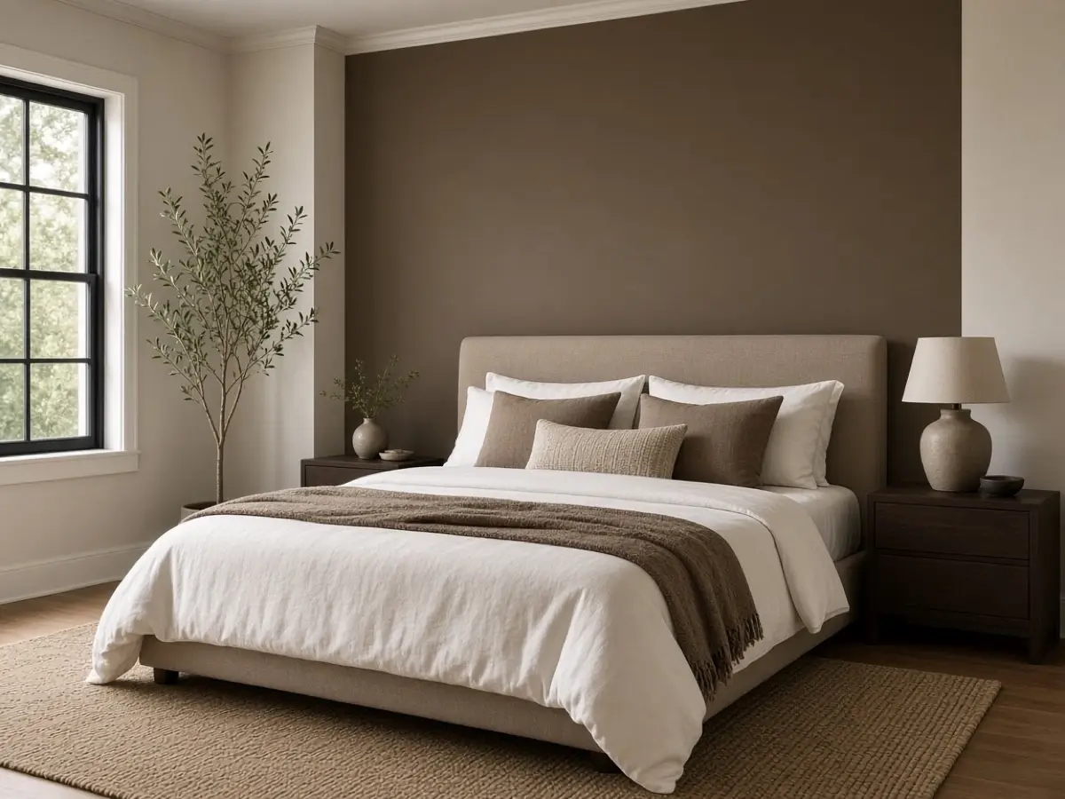 A deeper taupe wall behind a bed, with lighter walls on the other sides