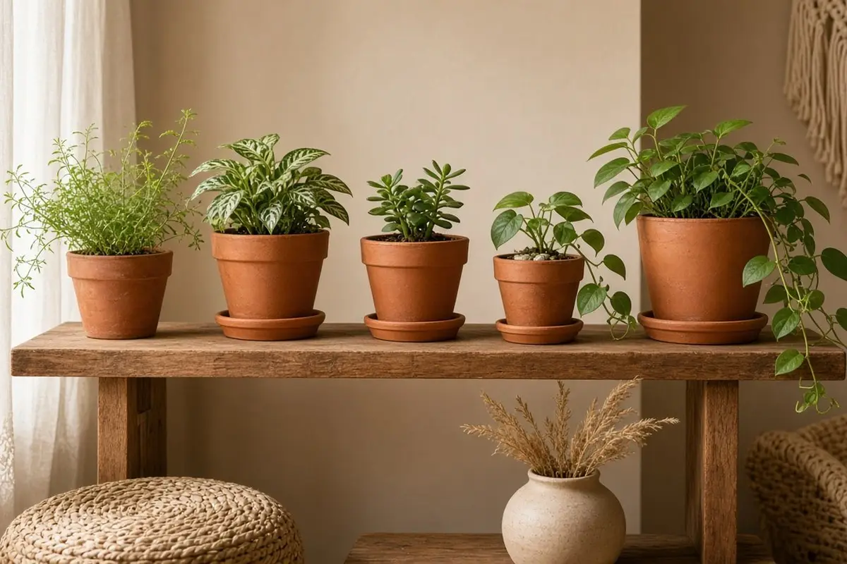 Terracotta pots grouped on a shelf in a boho room