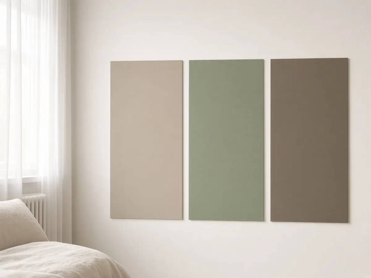 Three large paint samples side by side on a bedroom wall by a window
