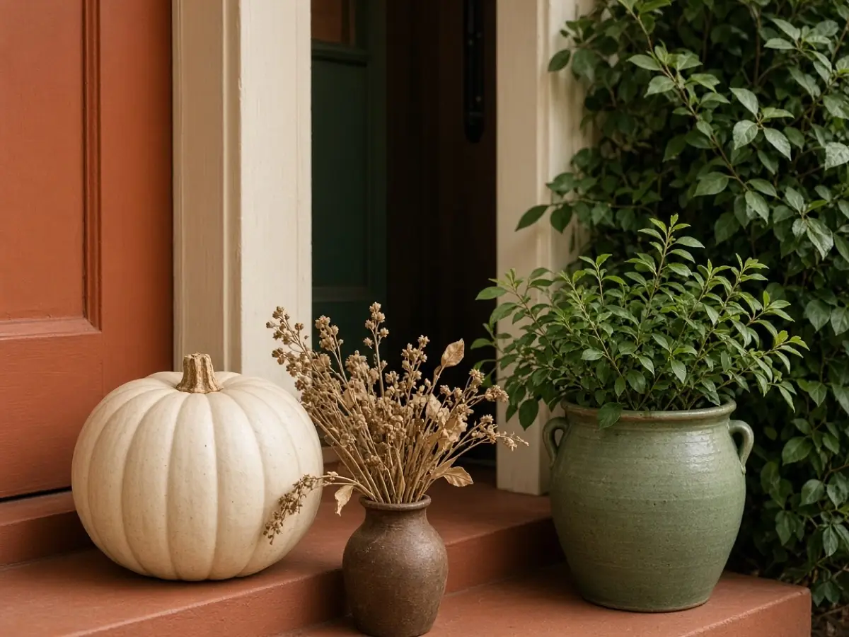 A porch grouped in rust, cream, and green, seen as a simple set