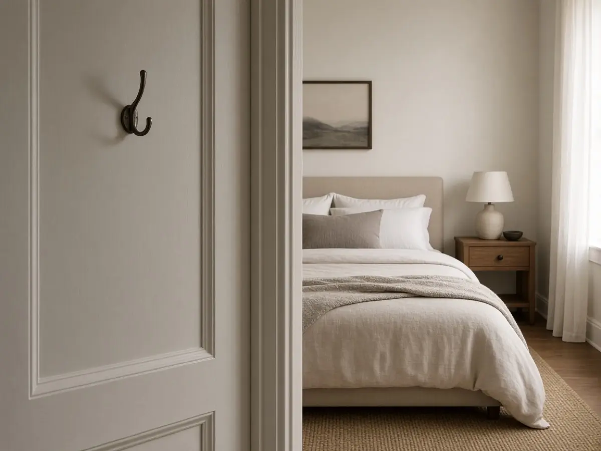 A single hook on a bedroom door holding nothing yet, bed in the background