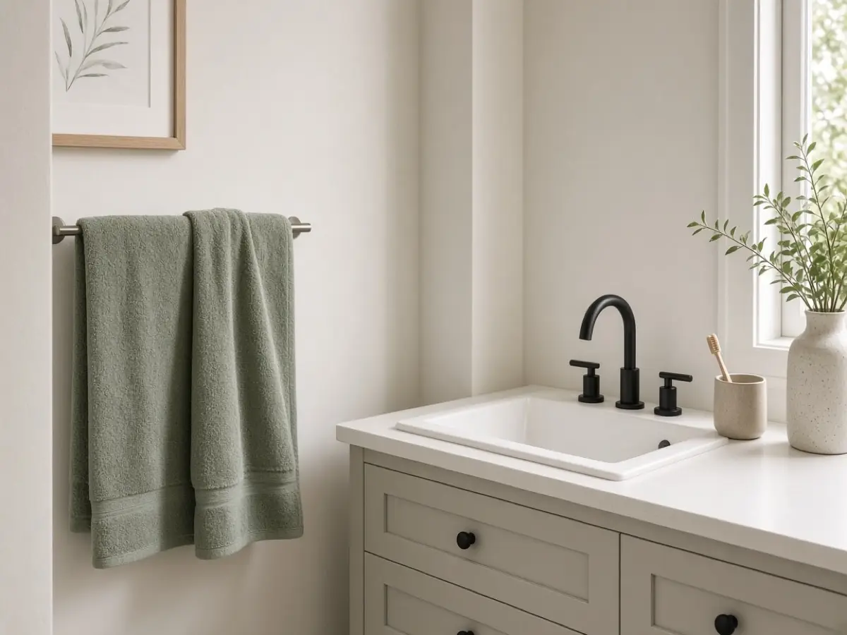 Sage towels on a bar, not the same white as the nearby sink