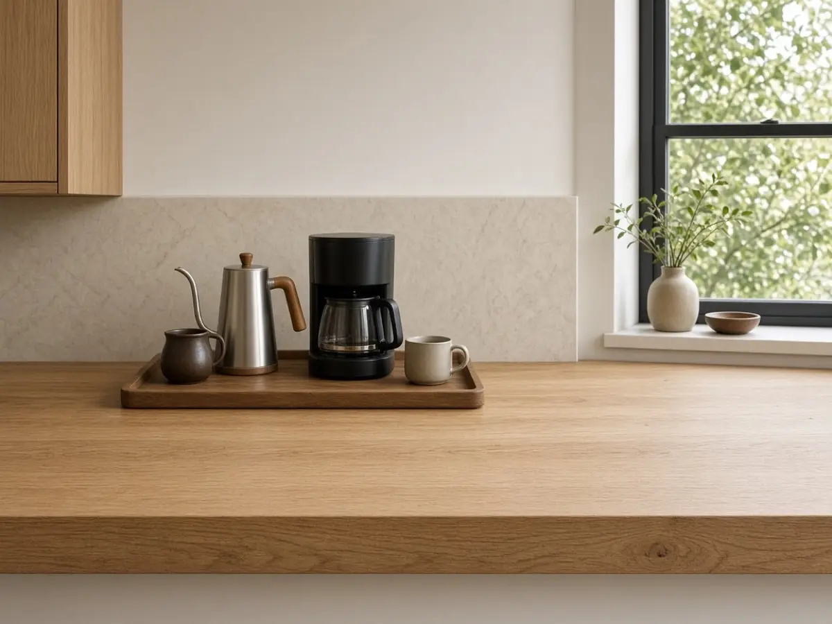 A coffee tray pushed to the back of a clean counter, ready for cooking