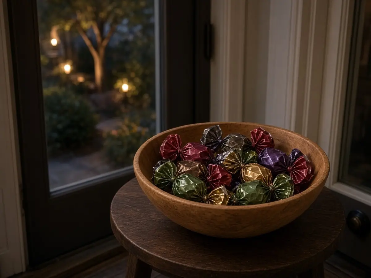 A wood salad bowl of wrapped treats on a small table by the door