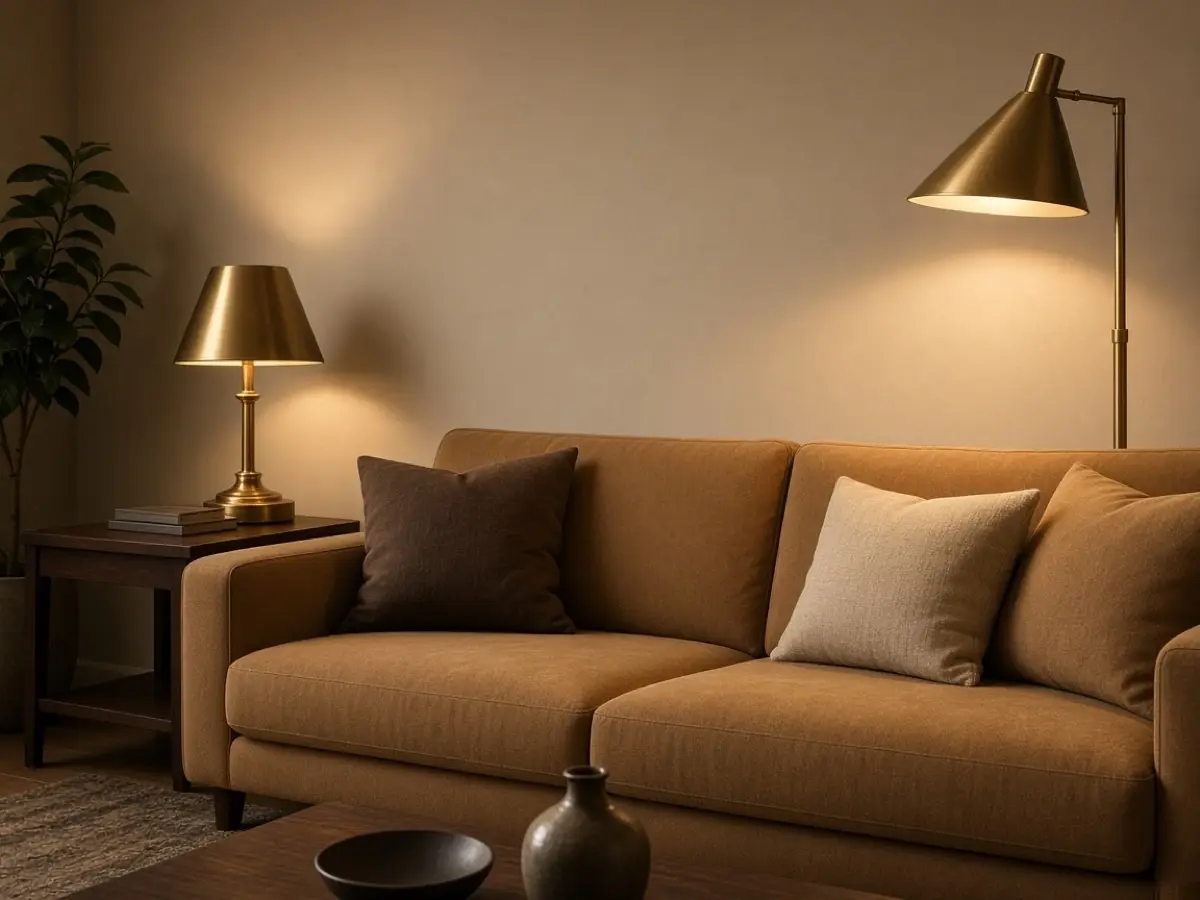 A table lamp and a floor lamp lighting a brown sofa from two heights