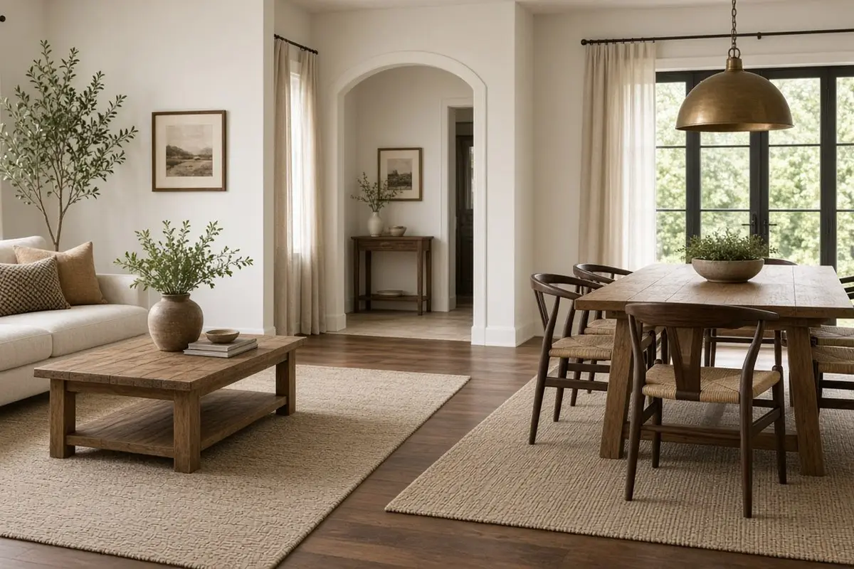 Two related rugs dividing a sitting area from a dining table