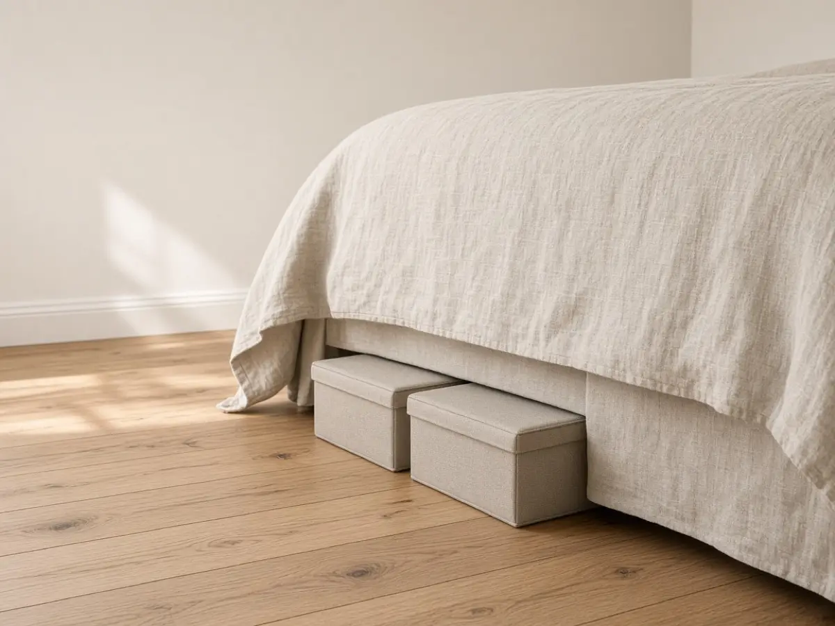 Two low lidded boxes sliding under a linen-dressed bed with space left to vacuum