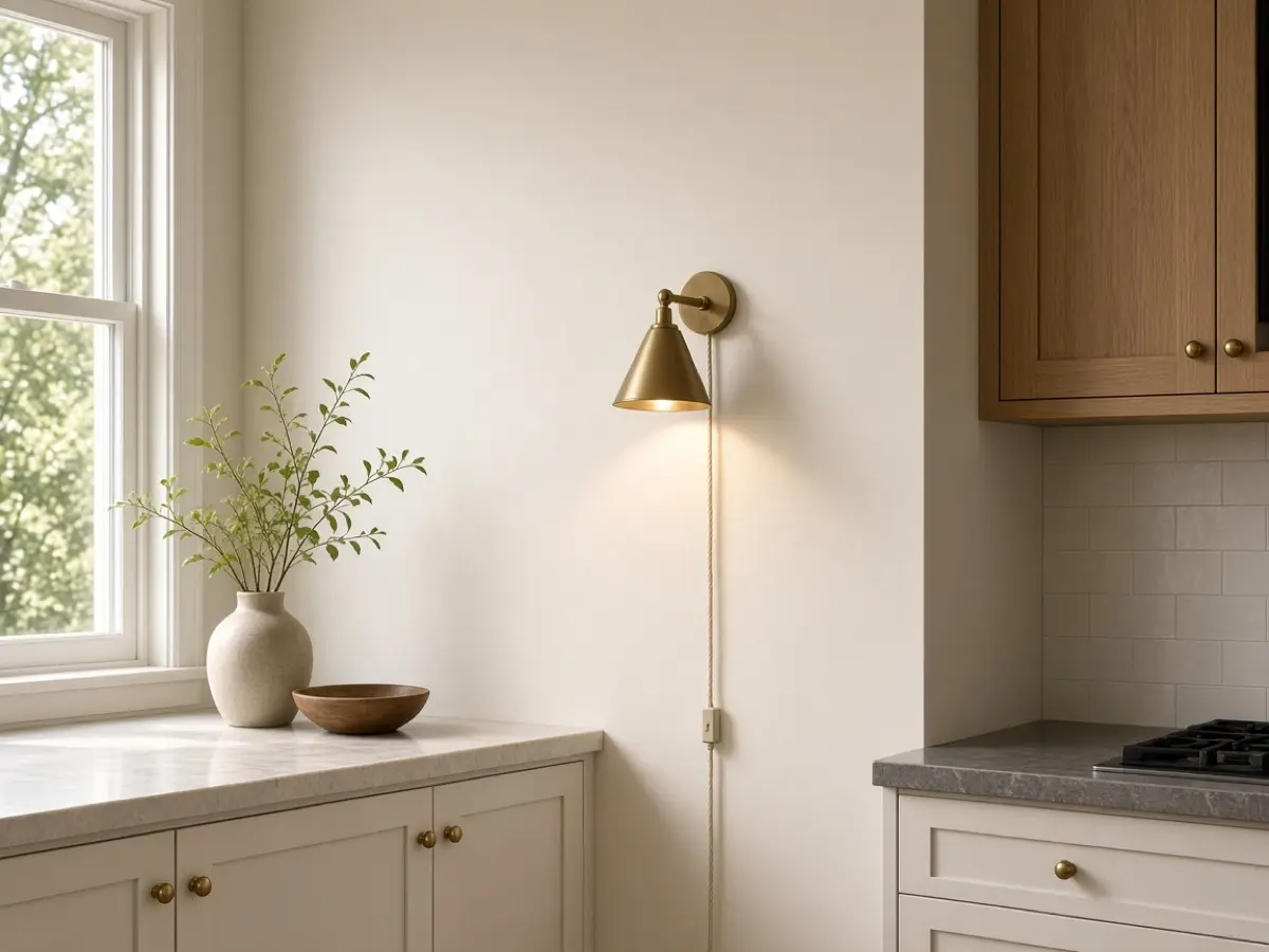A small plug-in sconce washing warm light down a plain cream kitchen wall