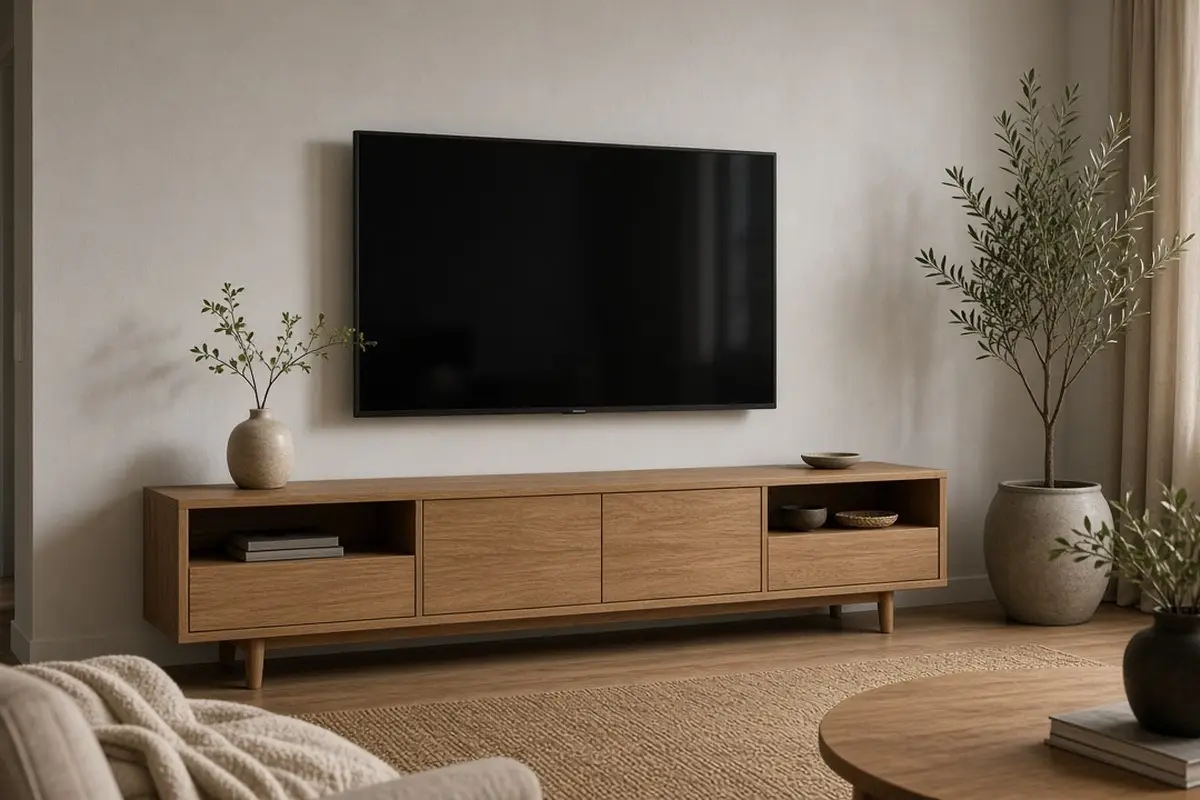 Wall-mounted TV above a shallow low console