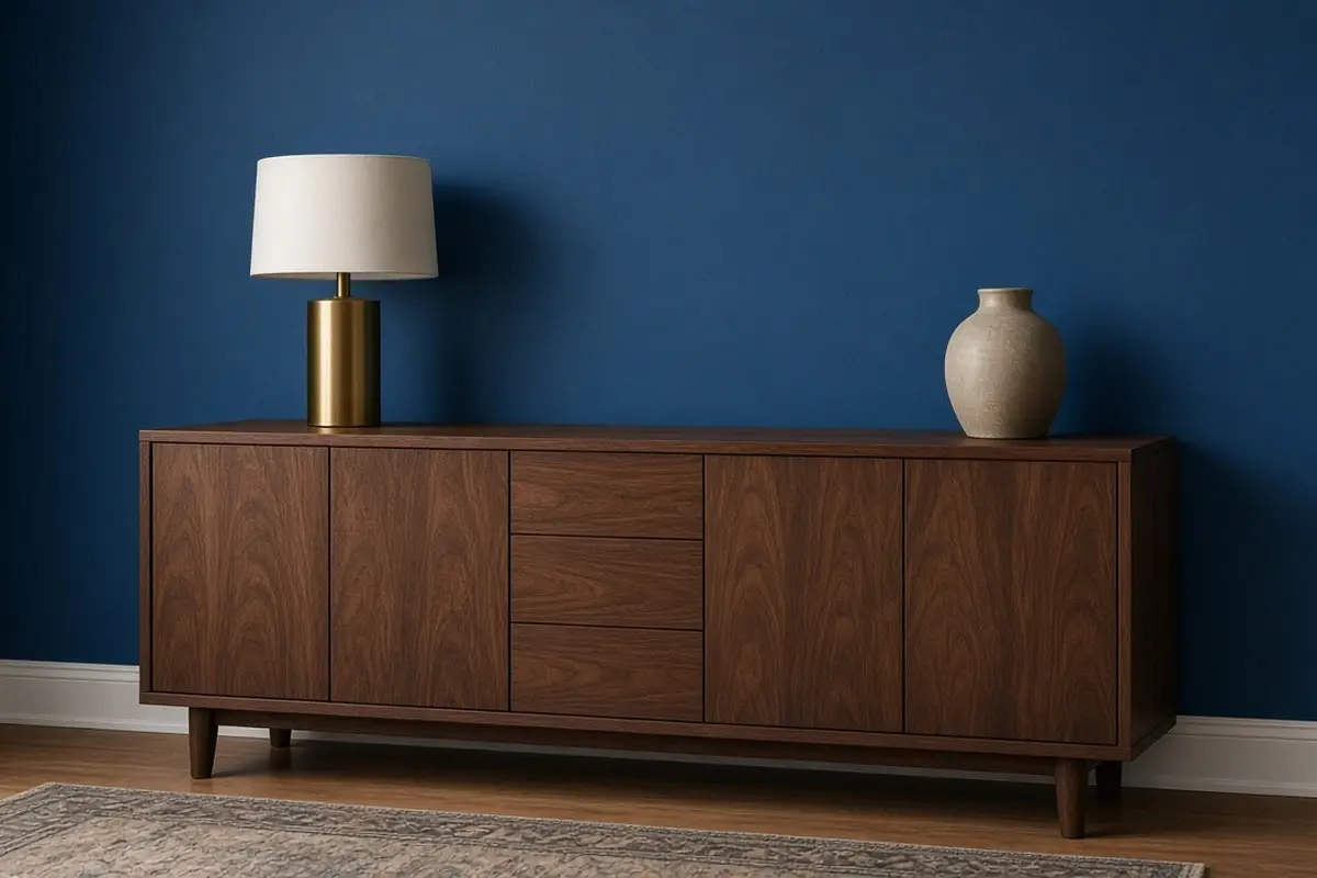 Walnut sideboard against a deep blue wall