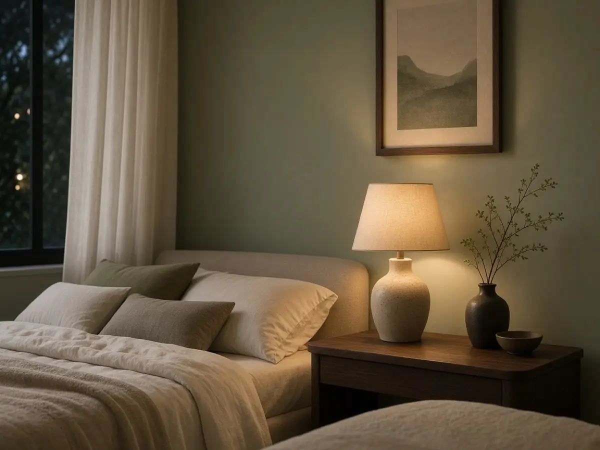 A warm bedside lamp glowing against a sage wall