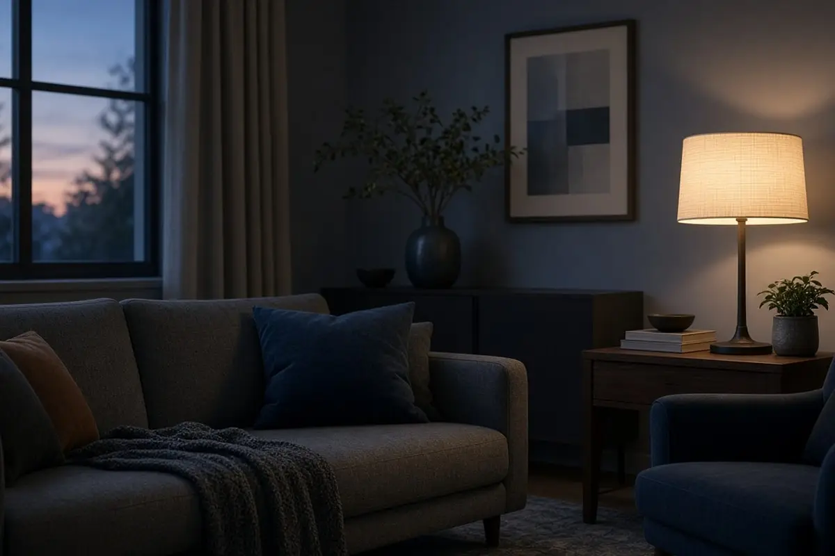 Paper shade lamp glowing in a gray and blue living room
