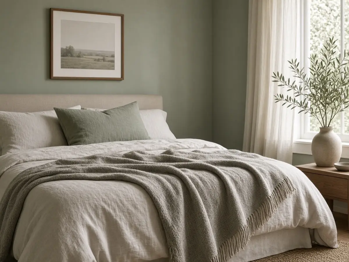 A warm gray throw on a bed against sage walls
