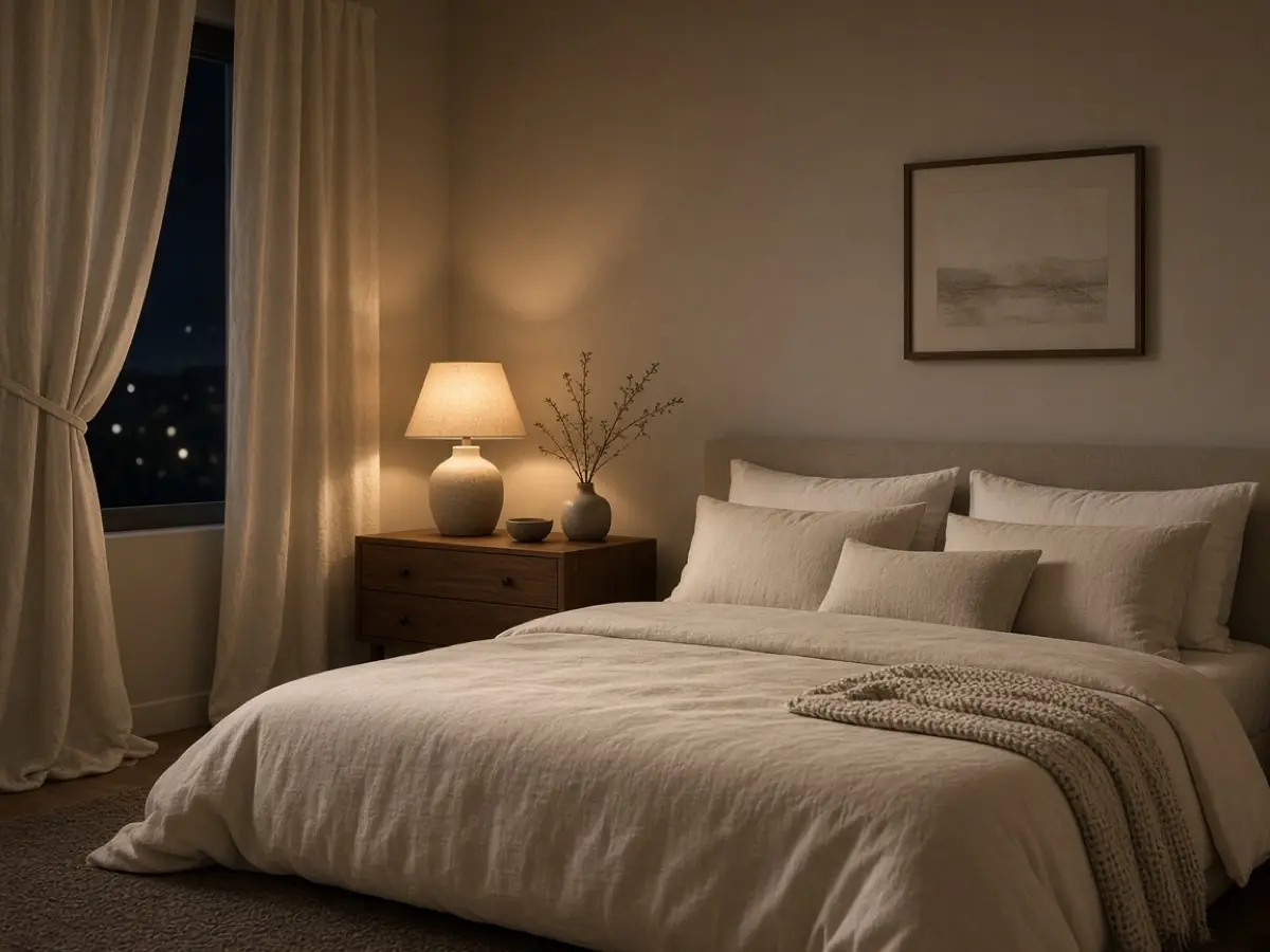Warm greige bedroom walls with cream bedding and a half-drawn curtain