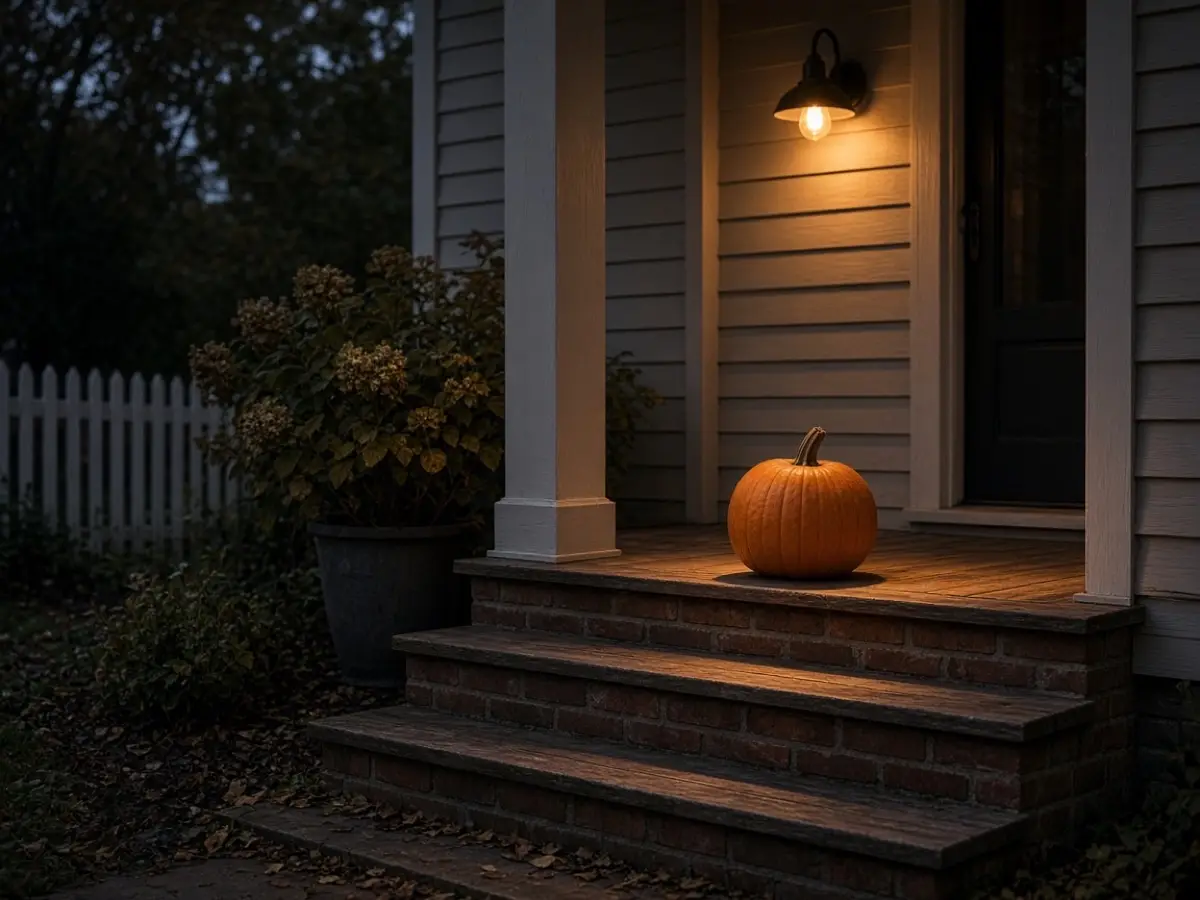 A warm porch light glowing over a single pumpkin on the step