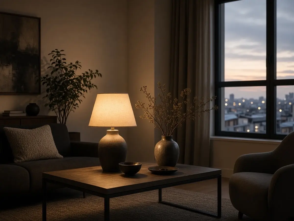 A linen lampshade glowing on a low table in a dim apartment
