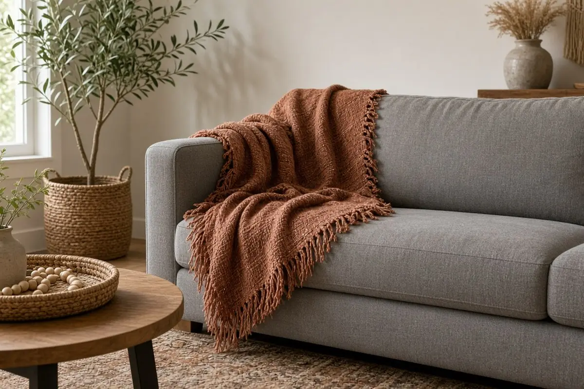 Gray sofa with a fringed rust throw over one arm