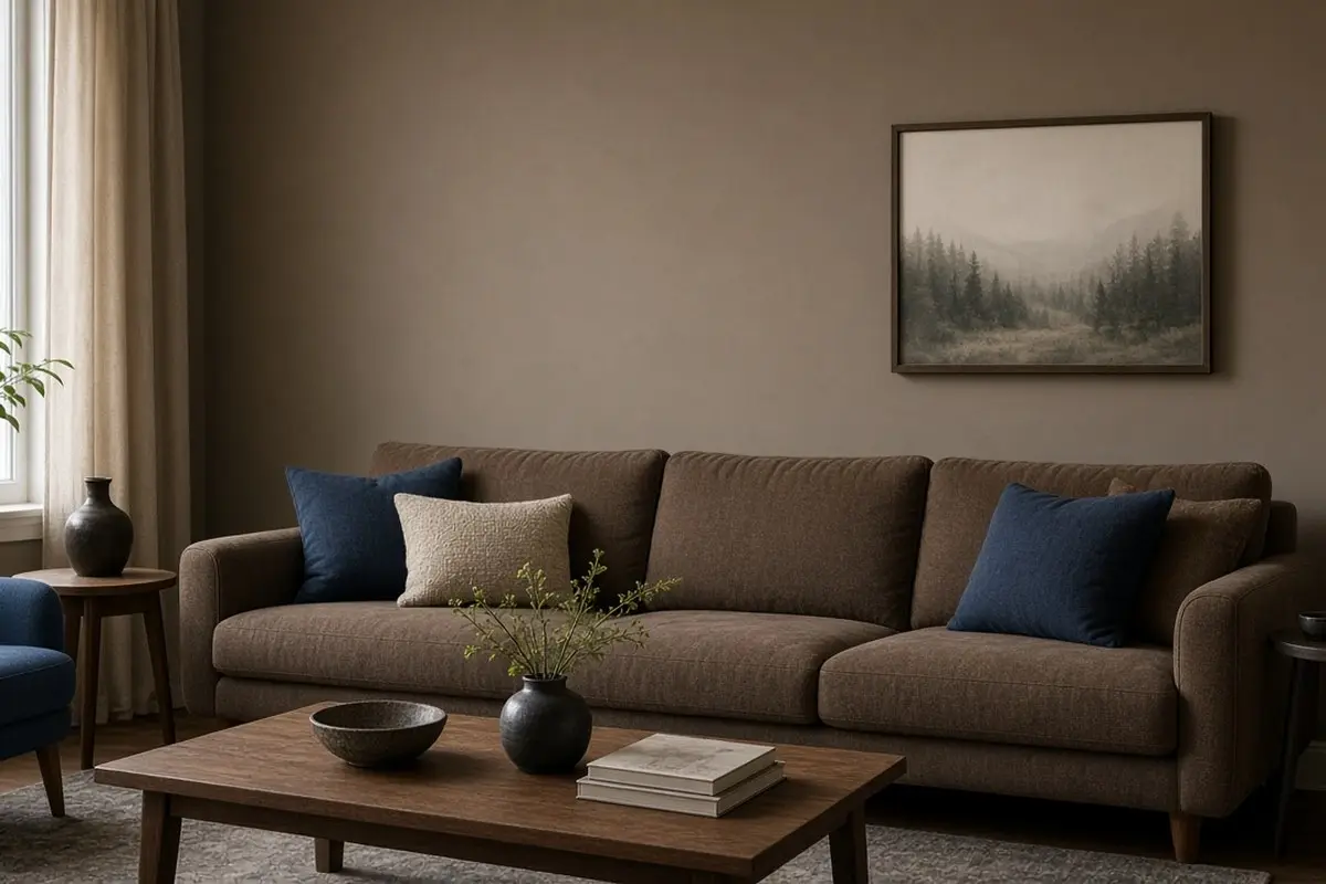 Warm mushroom walls in a north-facing living room