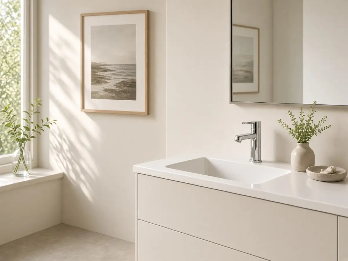 Warm white walls beside a bright white sink and chrome faucet