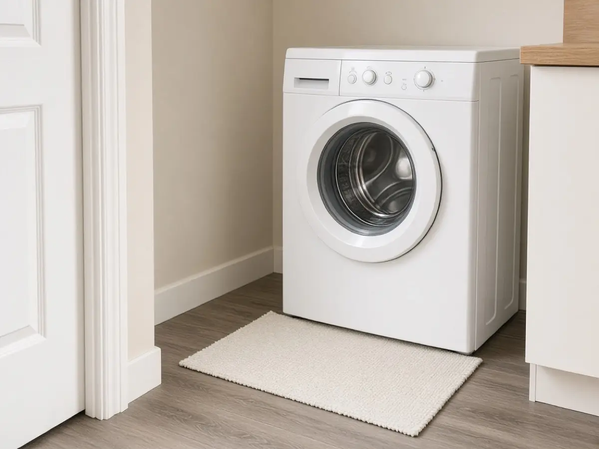 A thin cotton mat in front of a washer, easy to lift and shake out