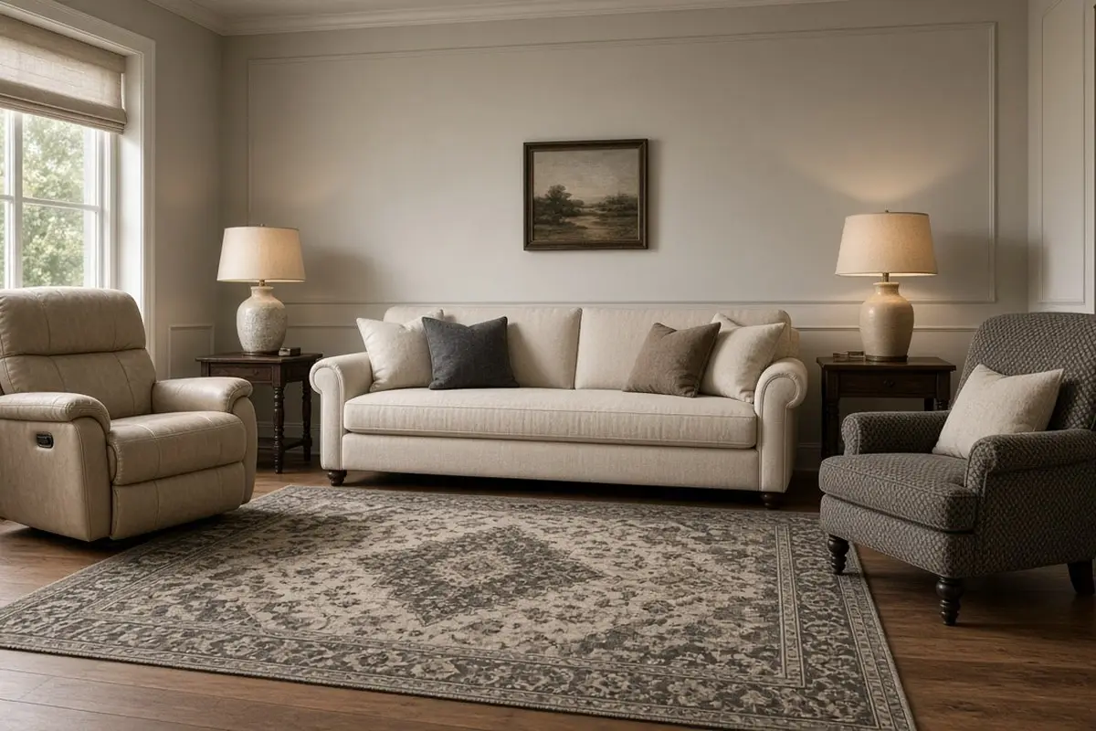 A recliner, sofa, and chair grouped on one rug with lamps at each end
