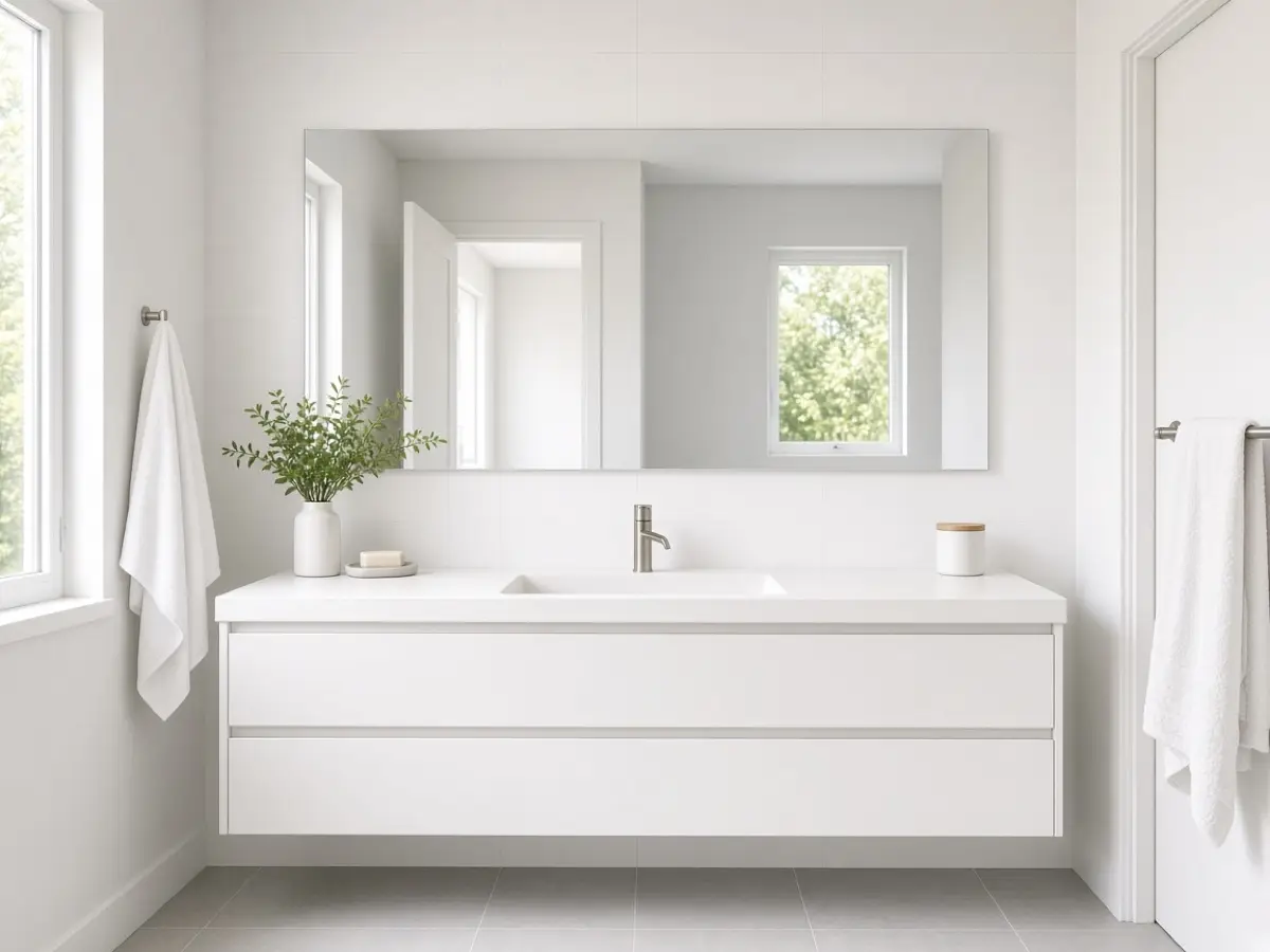 A wide frameless mirror spanning a small white bathroom vanity in daylight