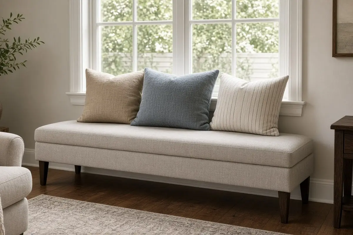 Long upholstered bench ottoman under a living room window