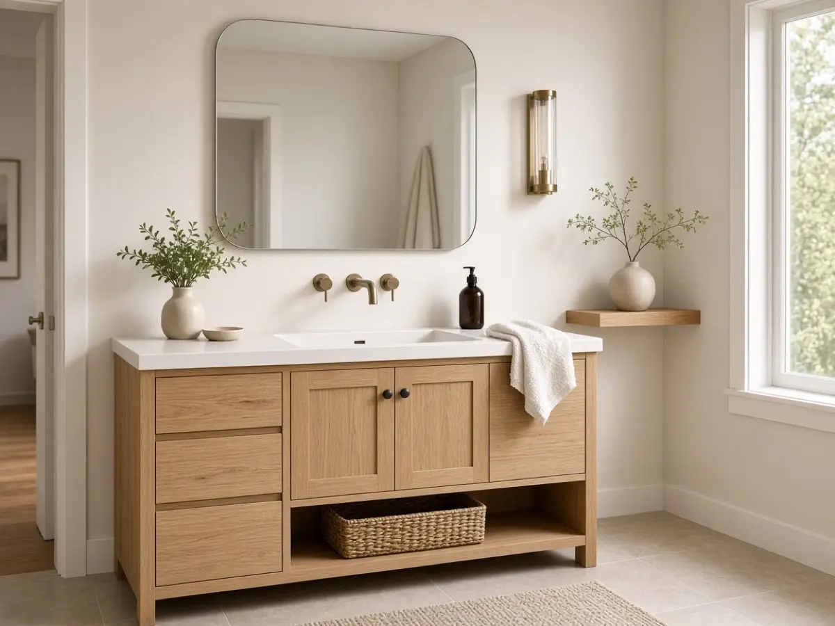 A light oak vanity under a white sink, warm white walls