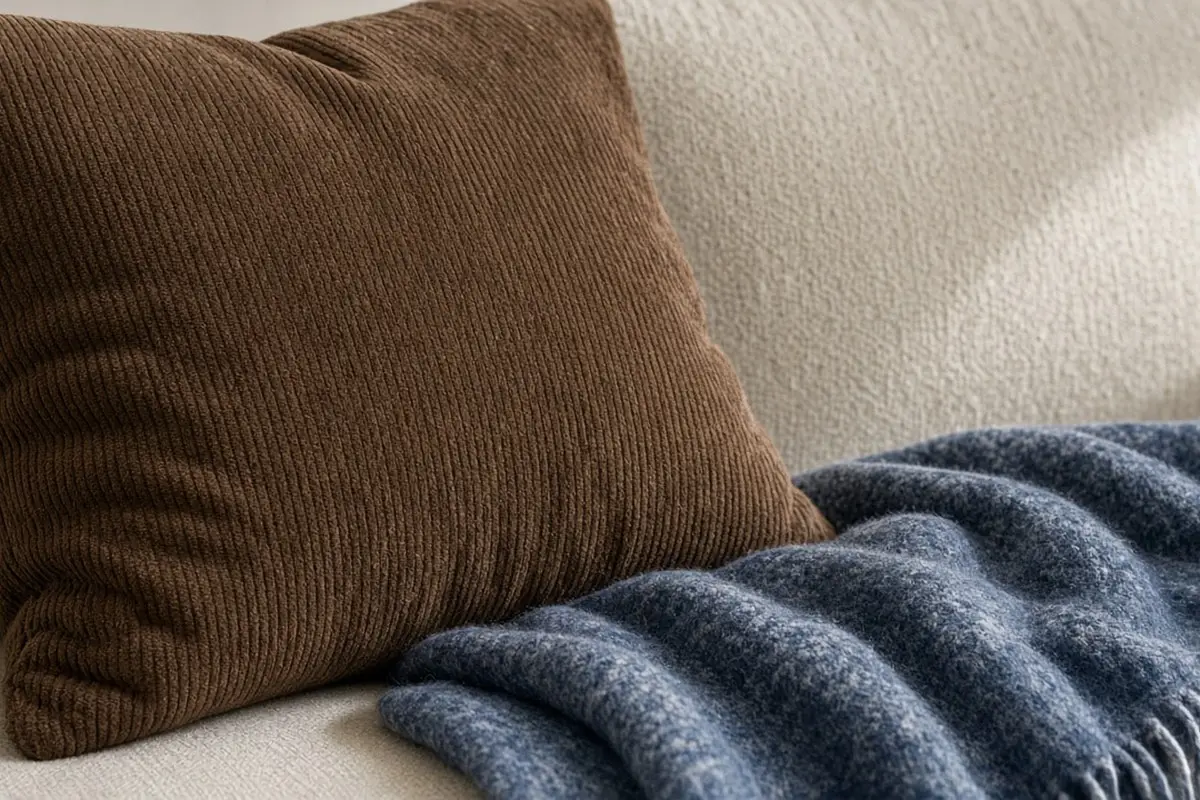 Brown corduroy pillow and blue wool throw on a sofa