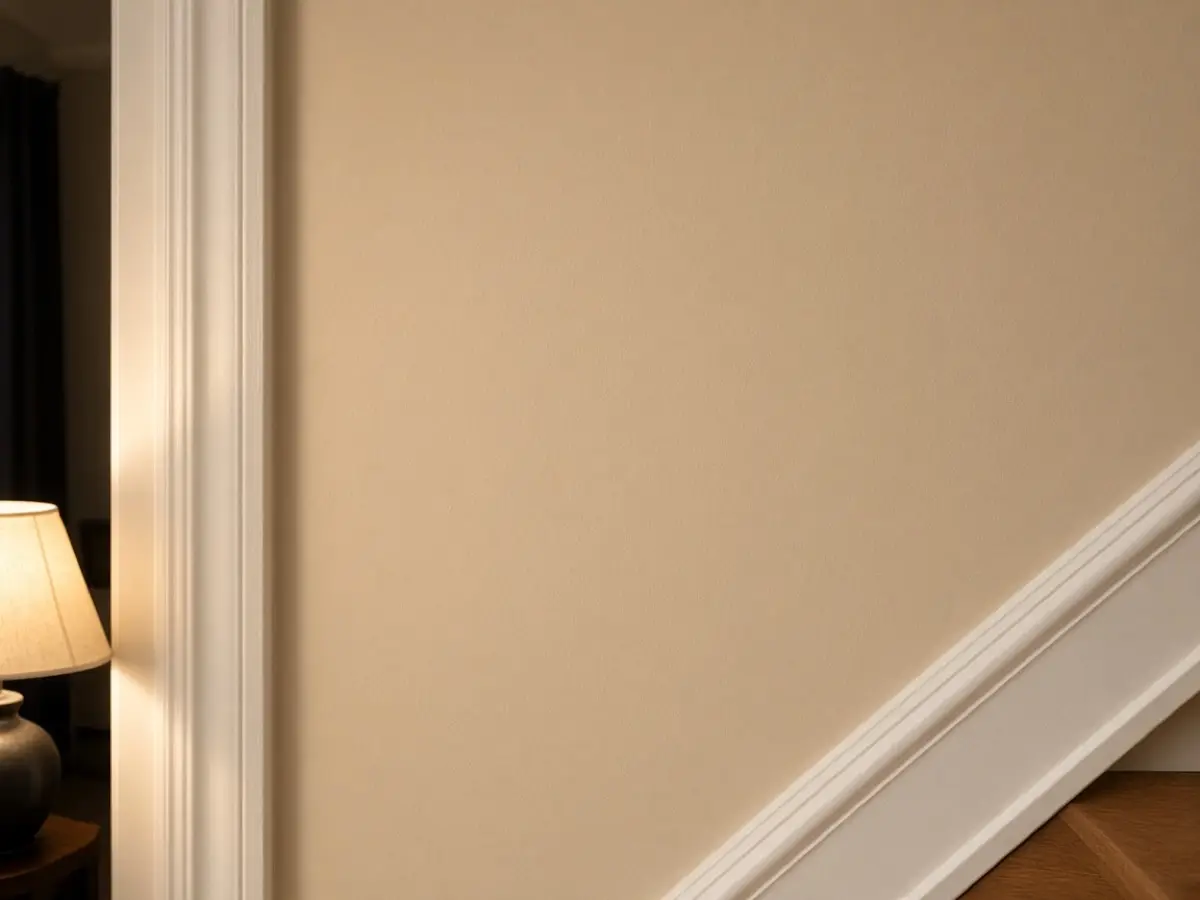 A beige paint sample on a wall, clearly warmer than the white trim